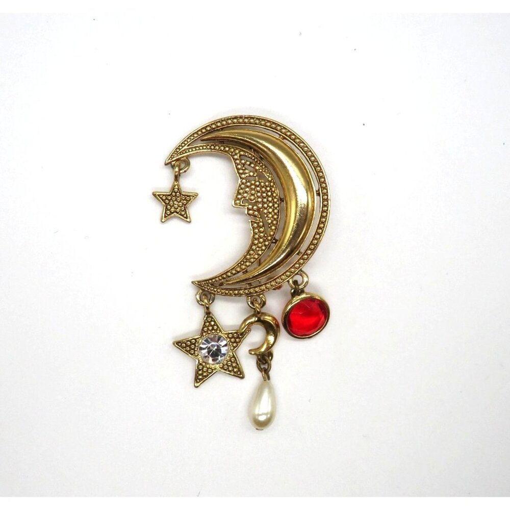 Juliana‎ Man in the Moon Brooch Item 3737 Gold Tone Red Crystal Dangle Charms